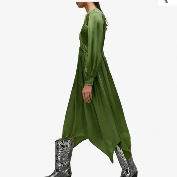 All Saints SZ 0 The‎ Estelle Green  Long Sleeve V-Neck asymmetrical midi dress - Picture 2 of 16